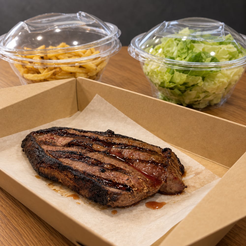 Pièce de magret de canard grillée en boîte à emporter, avec salade et frites