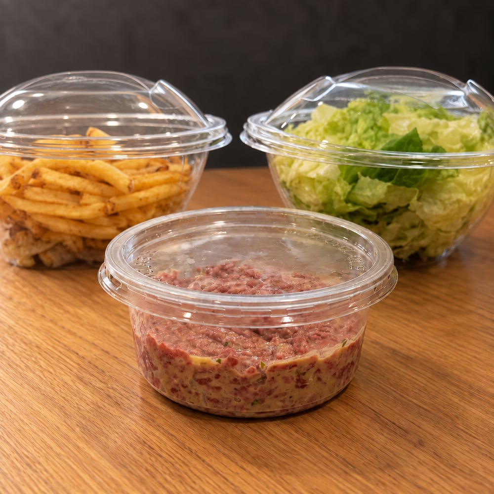 Tartare de bœuf Charmélcia en boîte à emporter, avec salade et frites